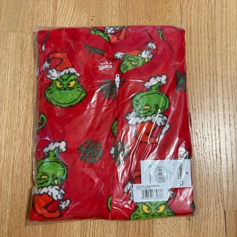 Grinch Pajama One Piece NEW Large 10/12 Christmas Red Dr. Seuss Full Zip